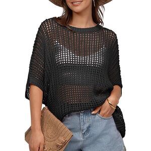 Crochet Short Sleeve Mesh Knit Sweater, SIZE XS, 20D-170T012